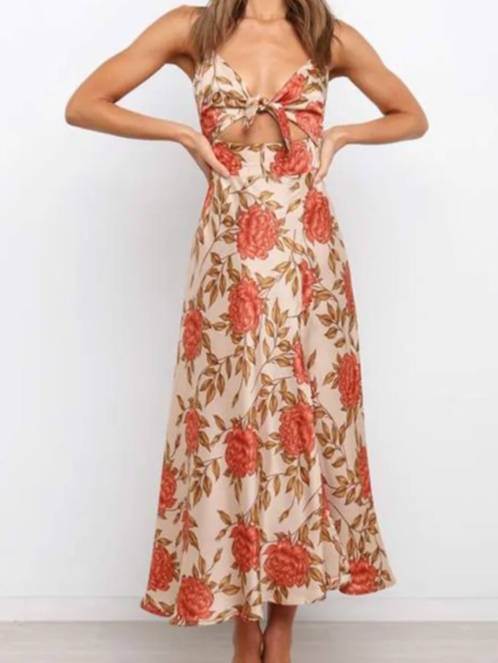 Floral Tie-Front Maxi Dress in Cream and Coral